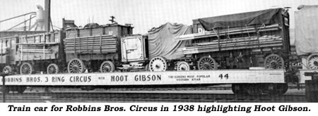 Train car for Robbins Bros. Circus in 1938 highlighting Hoot Gibson.