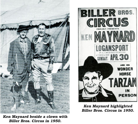 Ken Maynard beside a clown with Biller Bros. Circus in 1950. And...Ken Maynard highlighted Biller Bros. Circus in 1950 newspaper ad.