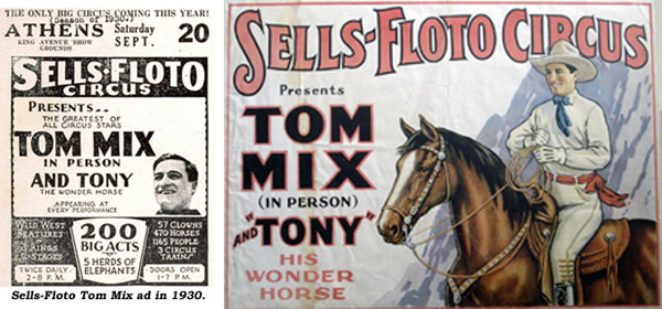 Sells-Floto Tom Mix ad in 1930 and a Sells-Floto Tom Mix poster.