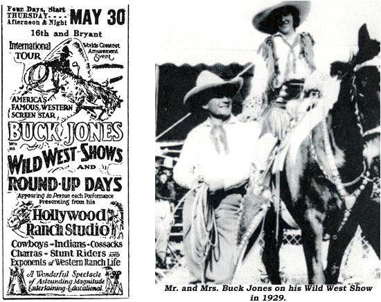 Ad for Buck Jones Wild West Shows and Round-Up Days. And..Mr. and Mrs. Buck Jones on his Wild West Show in 1929.