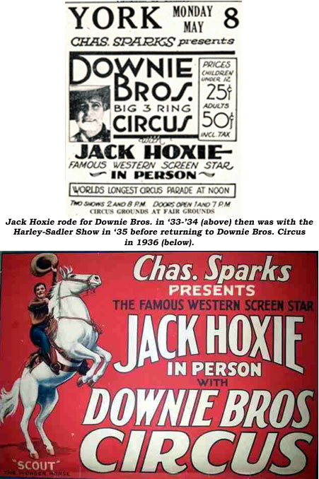 Jack Hoxie rode for Downie Bros. in '33-'34 (above) then was with the Harley-Sadler Show in '35 before returning to Downie Bros. Circus in 1936 (below).