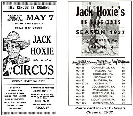 Newspaper ad for Jack Hoxie Circus.  And..Route card for Jack Hoxie Circus in 1937.