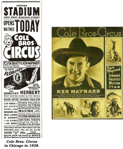 Ad for Cole Bros. Circus with Ken Maynard in Chicago in 1938. And...Cole Bros. Circus program featuring Ken Maynard.