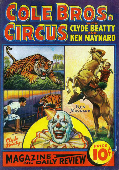 Poster for Cole Bros. Circus highlighting Clyde Beatty and Ken Maynard.