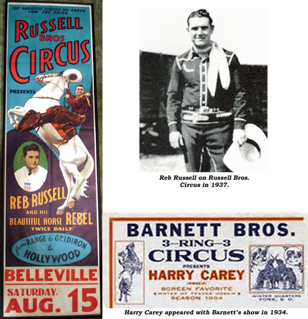 Reb Russell on Russell Bros. Circus in 1937. And..Post for Russell Bros. Circus. And..ad for Barnett Bros. Circus presenting Harry Carey in 1934.