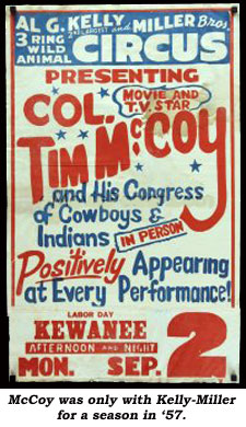 Poster ofr Al G. Kelly and Miller Bros. Circus starring Col. Tim McCoy in 1957.