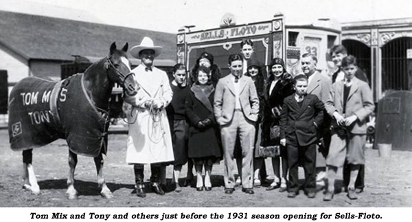 Tom Mix and Tony and others just before the 1931 season opening for Sells-Floto.