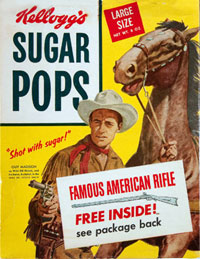 Kellogg's Suger Pops box with Guy Madison as Wild Bill Hickok pictured on it.