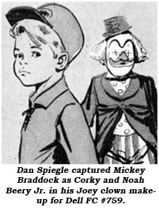 Dan Spiegle captured Mickey Braddock as Corky and Noah Beery Jr. in his Joey clown makeup for Dell FC #759.