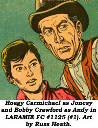 Hoagy Carmichael as Jonesy and Bobby Crawford as Andy in LARAMIE FC #1125 (#1). Art by Russ Heath.