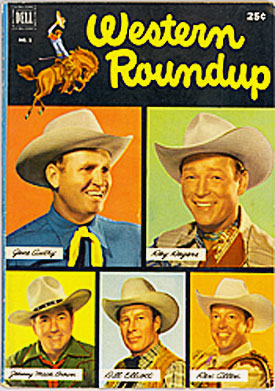 Cover to WESTERN ROUNDUP #1 with pictures of Gene Autry, Roy Rogers, Johnny Mack Brown, Bill Elliott and Rex Allen.