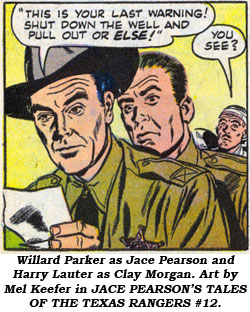 Willard Parker as Jace Pearson and Harry Lauter as Clay Morgan. Art by Mel Keefer in JACE PEARSON'S TALES OF THE TEXAS RANGERS #12.