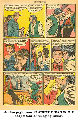 Action page from FAWCETT MOVIE COMIC adaptation of "Singing Guns".