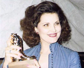 Debra Paget with her 1987 Golden Boot.