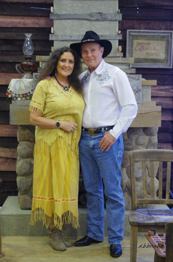 Don Quine (Stacy on “The Virginian”) and fiancee Sharmagne Leland-St. John pose in the “Laramie” set. Sharmagne is a renown Native American performance poet and songwriter. She is also the granddaughter of B-western actor/musician Oscar Gahan.