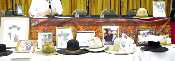 An array of original wardrobe hats costumer Luster Bayless brought to “A Gathering of Guns” for display during one of the panels. Hats worn by James Garner, Lee Horsely, Kenny Rogers, Sam Elliott, Richard Widmark, Victor French and others.