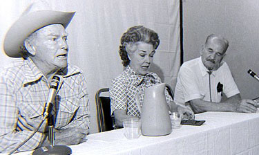 Don Barry, Joan Woodbury and Yakima Canutt on a panel at the St. Louis Film Fair in 1979. (Thanx to Grady Franklin.)