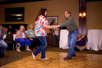 Bobby Crawford dances at the indoor “rained-out” pool party to oldies supplied by discjocky Alex Ward.