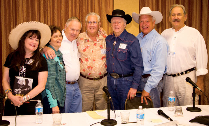 Packy Smith (right), originator of the Memphis Film Festival in 1972, moderated a panel dedicated to Gene Autry and the Singing Cowboys. (L-R) author Holly George-Warren, Maxine Hansen of Autry Entertainment, festival co-sponsor and author of GENE AUTRY WESTERNS Boyd Magers, John Buttram, Pat Buttram’s nephew and banquet emcee, Johnny Western and Rex Allen Jr.