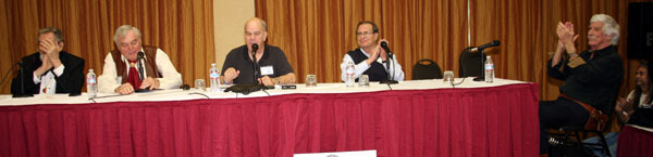 Saturday panel discussion with (l-r) Hugh O’Brian, Ed Faulkner, moderator Ray Nielsen, Charles Briles and L. Q. Jones.