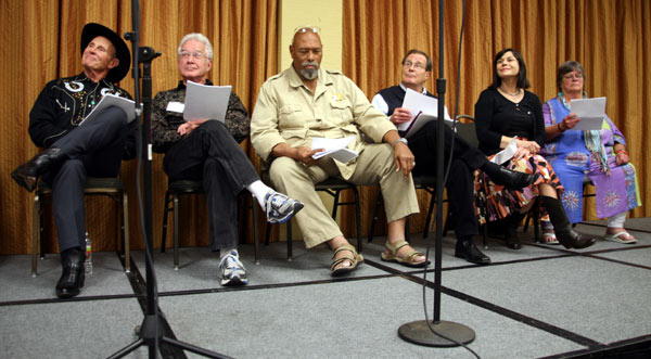 Helping to recreate radio version of “Have Gun Will Travel” are (l-r) Don Quine, Gary Clarke, Don Pedro Colley, Charles Briles, Diane Roter and Sara Lane.