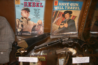 Still more from the Magers Collection were Nick Adams’ pistol and holster from “The Rebel” and Richard Boone’s pistol and derringer from “Have Gun Will Travel”. To the left is the edge of Rex Allen’s shirt from his first film “Arizona Cowboy”.