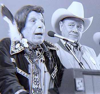 Iron Eyes Cody and Ben Johnson at 1987 Knoxville, TN, Western Film Festival.