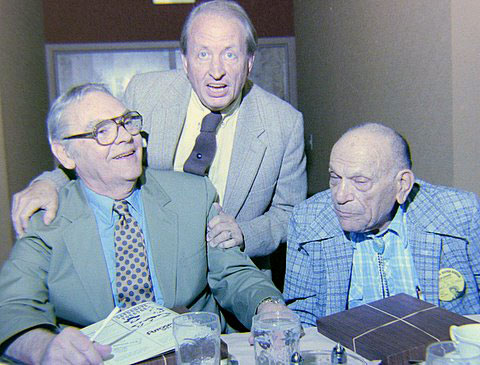 Taken at the 1988 Knoxville, TN, Western Film Fair are Walter Reed, festival organizer Harold Smith and B-western knockabout comedian Frank Mitchell. (Photo by Grady Franklin.)