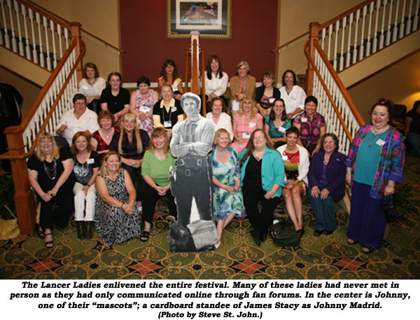 The Lancer Ladies enlivened the entire festival. Many of these ladies had never met in person as they had only comunicated online through fan forums. In the center is Johnny, one of their "mascots"; a cardboard standee of James Stacy as Johnny Madrid. (Photo by Steve St. John.)