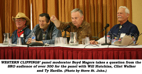 WESTERN CLIPPINGS' panel moderator Boyd Magers takes a question from the SRO audience of over 300 for the panel with Will Hutchins, Clint Walker and Ty Hardin. (Photo by Steve St. John.)