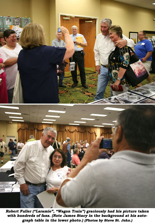 Robert Fuller ("Laramie", "Wagon Train") graciously had his picture taken with hundreds of fans. (Note James Stacy in the background at his autograph table in the lower photo.) (Photos by Steve St. John.)
