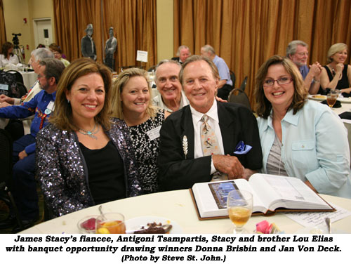James Stacy's fiancee, Antigoni Tsampartis, Stacy and brother Lou Elias with banquet opportunity drawing winners Donna Brisbin and Jan Von Deck.  (Photo by Steve St. John.) 