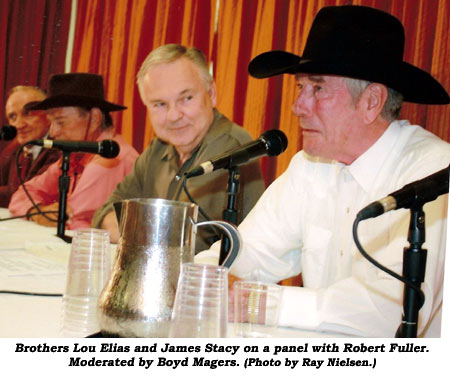 Brothers Lou Elias and James Stacy on a panel with Robert Fuller. Moderated by Boyd Magers.  (Photo by Ray Nielsen.)