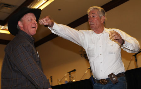 One of the highlight of the festival weekend was Bob Fuller’s demonstration with friend Tony Gill of how a screen fight is staged. As Bob explained, you can miss by a foot and depending on the camera angle make it look like the “badguy” took one hell of a punch. (above and below)