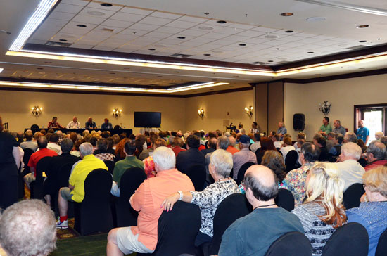 Above and below, the panel discussions are always a highlight of "A Gathering of Guns". To a packed room, this one featured Clint Walker, Robert Colbert and Edd Byrnes, moderated by festical sponsor Boyd Magers.