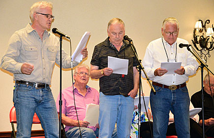 This year’s radio show recreation was an episode of “Six-Shooter”. Jeff Osterhage recreated the role of Jimmy Stewart. Others in the cast shown here were Don Collier (seated), Boyd Magers, John Buttram, Robert Colbert.