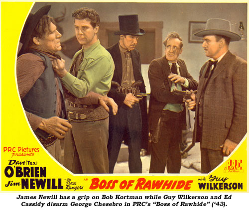 James Newill has a grip on Bob Kortman while Guy Wilkerson and Ed Cassidy disarm George Chesebro in PRC's "Boss of Rawhide" ('43).