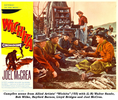 Campfire scene from Allied Artists' "Wichita" ('55) with (L-R) Walter Sande, Bob Wilke, Rayford Barnes, Lloyd Bridges and Joel McCrea.