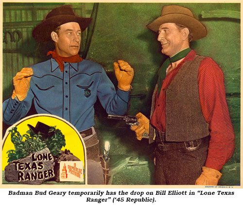Badman Bud Geary temporarily has the drop on Bill Elliott in "Lone Texas Ranger" ('45 Republic).