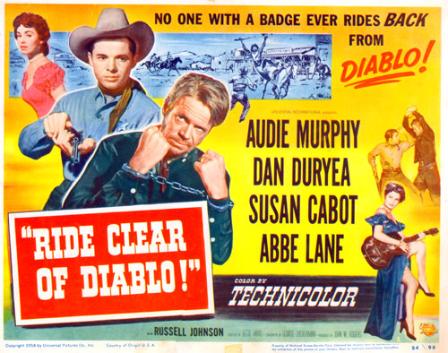Title card for "Ride Clear of Diablo" starring Audie Murphy and Dan Duryea.