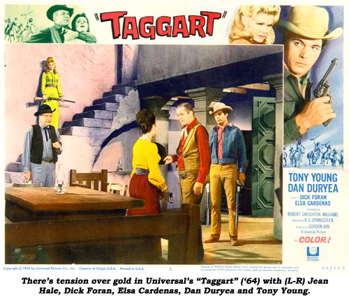 There's tension over gold in Universal's "Taggart" ('64) with (L-R) Jean Hale, Dick Foran, Elsa Cardenas, Dan Duryea and Tony Young.