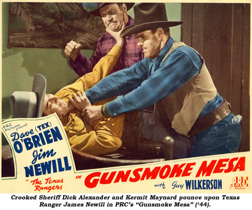 Crooked Sheriff Dick Alexander and Kermit Maynard pounce upon Texas Ranger James Newill in PRC's "Gunsmoke Mesa" ('44).