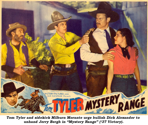 Tom Tyler and sidekick Milburn Morante urge bullish Dick Alexander to unhand Jerry Bergh in "Mystery Range" ('37 Victory).