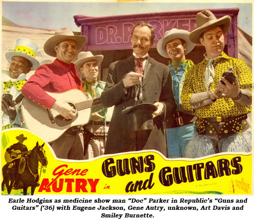 Earle Hodgins as medicine show man "Doc" Parker in Republic's "Guns and Guitars" ('36) with Eugene Jackson, Gene Autry, unknown, Art Davis and Smiley Burnette.