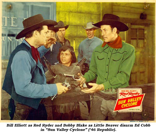 Bill Elliott as Red Ryder and Bobby Blake as Little Beaver disarm Ed Cobb in "Sun Valley Cyclone" ('46 Republic).