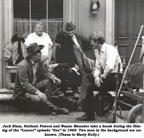 Jack Elam, Stefanie Powers and Wayne Maunder take a break during the filming of the "Lancer" episode "Zee" in 1969. Two men in the background are unknown. (Thanx to Marty Kelly).