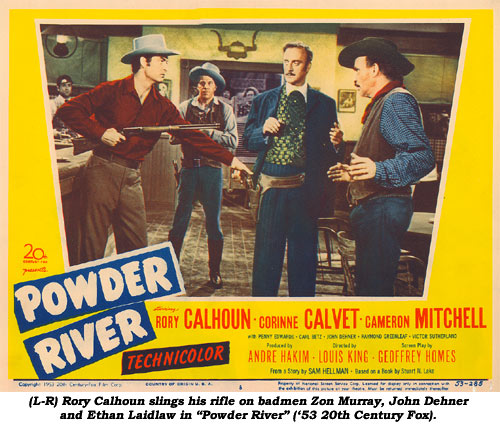 (L-R) Rory Calhoun slings his rifle on badmen Zon Murray, John Dehner and Ethan Laidlaw in this scene from "Powder River" ('53 20th Century Fox).