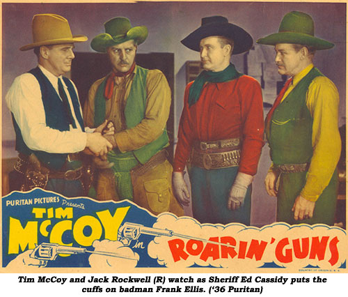 Tim McCoy and Jack Rockwell (L) watch as Sheriff Ed Cassidy puts the cuffs on badman Frank Ellis. ('36 Puritan).