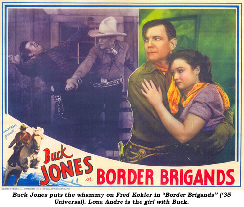 Buck Jones puts the whammy on Fred Kohler in "Border Brigands" ('35 Universal). Lona Andre is the girl with Buck.