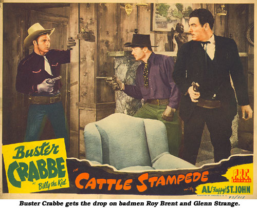 Buster Crabbe gets the drop on badmen Roy Brent and Glenn Strange.